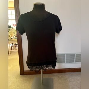 J Crew Women's Top Size extra Small Solid Black Lace Trim Short Sleeve tee